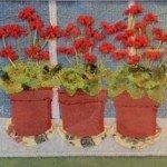 Three geraniums with checked curtains 18cms x 24 £55